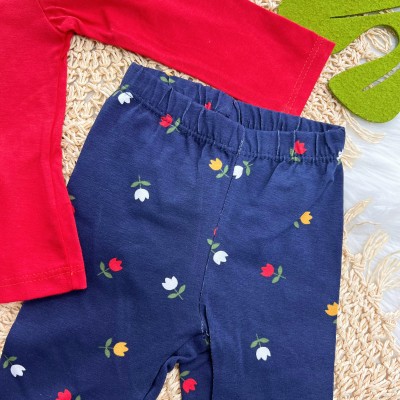 Conj. Blusa Manga Longa Só Floresce Amor Aqui e Calça Legging - Vermelho e Marinho